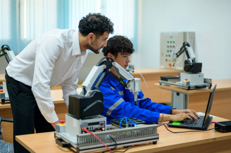 Trainee Robotics engineer learning with Programming and Manipulating Robot Hand, Industrial Robotics Design, High Tech Facility, Modern Machine Learning. Mass Production Automatics.の写真素材
