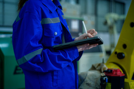 Female Robotics engineer working with Programming and Manipulating Robot Hand, Industrial Robotics...