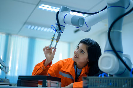 Female Robotics engineer working with Programming and Manipulating Robot Hand, Industrial Robotics...