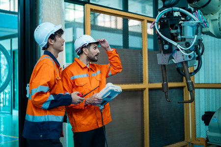 A group of Robotics engineers working with Programming and Manipulating Robot Hand, Industrial Robotics Design, High Tech Facility, Modern Machine Learning. Mass Production Automatics.の写真素材