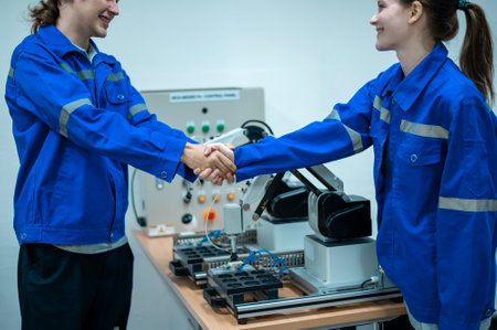 A group of Robotics engineers working with Programming and Manipulating Robot Hand, Industrial...