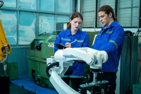 A group of Robotics engineers working with Programming and Manipulating Robot Hand, Industrial...