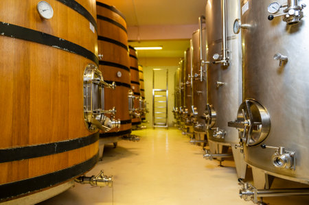 Wine fermentation tanks in modern wine factory