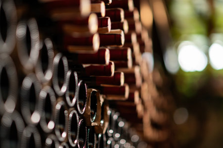 Row of wine bottles on a wooden shelf in a wine cellar