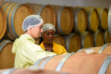 Professional winemaker controlling wine making process and quality at winery factoryの写真素材