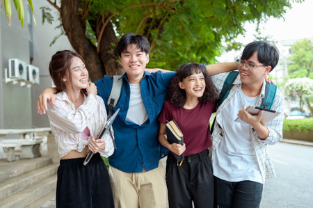 Four students walk together on campus, chatting and carrying their books and supplies.の写真素材