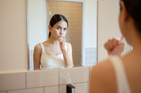 A woman with long hair brushes her teeth in a modern bathroomの写真素材