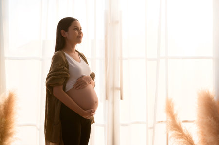 Pregnant woman silhouette at sunset