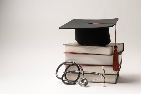 A black graduation cap rests on stacked books beside a stethoscope, symbolizing medical education.の写真素材