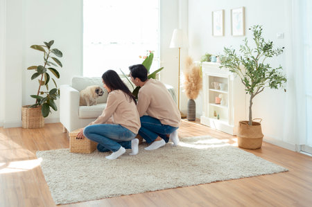 A couple joyfully holds indoor plants and wicker baskets in a bright, airy living space.の写真素材