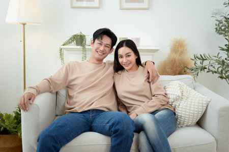 A couple smiles and looks into each other's eyes while sitting on a cozy couch in their home.の写真素材