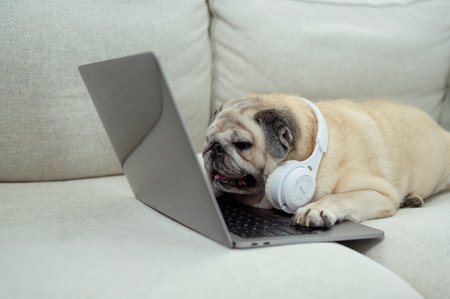 Pug lies comfortably on couch with laptop nearby and a cup resting on a pillow in a sunny space.