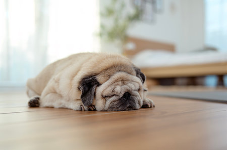 A pug lies comfortably on a wooden floor, enjoying a peaceful nap in a sunlit room.の写真素材