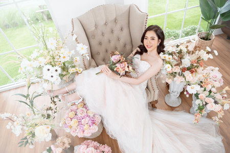 A bride in a stunning gown enjoys a moment among exquisite floral displays in a bright room.の写真素材
