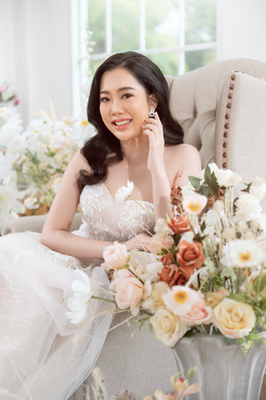A bride in a stunning gown enjoys a moment among exquisite floral displays in a bright room.の写真素材