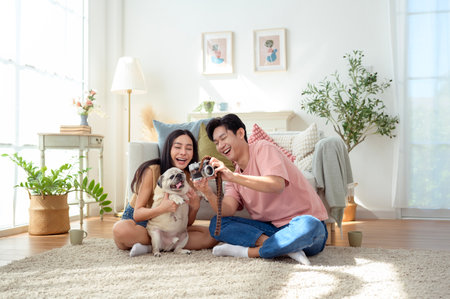 A young couple captures joyful moments with their dog in a bright, cozy living space.の写真素材