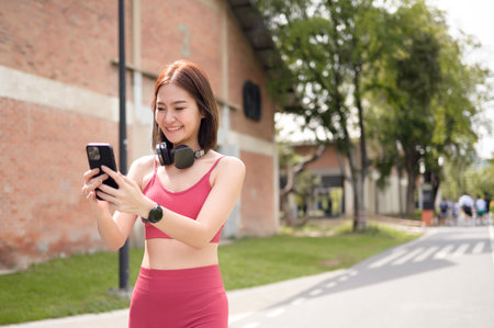 A young woman in activewear smiles and chats on her smartphone during a relaxing moment.の写真素材
