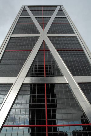 View of the Kio Towers in Madrid, one of them reflected on the other.の写真素材