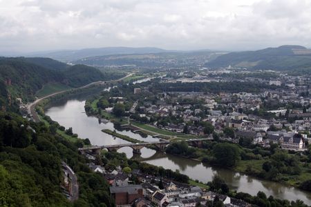View of the oldest german city of Trier and the Mosel River, Rhineland-Palatinate, Germany.の写真素材