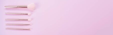 Beauty and Make up concept from Makeup tools and blush brush on pink background for Advertising sale products and Website where you place banner ads.の写真素材