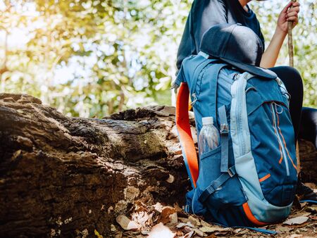 Trekking and camping adventure concept from blue backpack with tired women sitting rest on a log while walk travel nature in forest.の写真素材