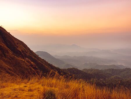 beautiful nature of the hills with golden grass and mountain range in the morning in Tak, Thailand.の写真素材