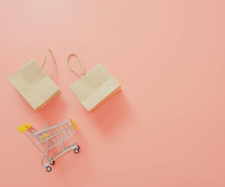Summer shopping concept from small trolley and paper shopping bag on pastel pink background. web banner size. top view.の写真素材