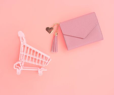 shopping and payment concept from pink purse and small trolley on pink pastel color background. web...