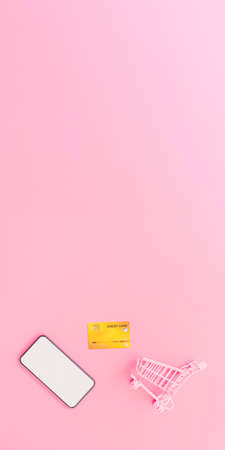 shopping and payment online concept from credit cards, shopping cart and blank smartphone on pink pastel color background. web banner size.の写真素材