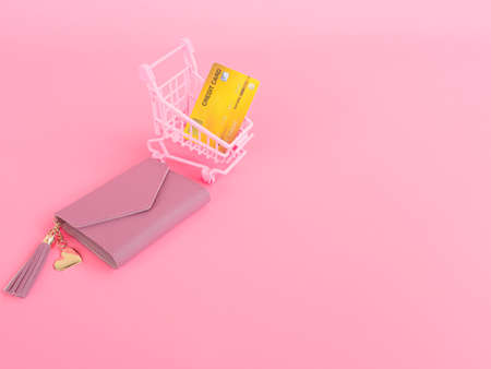 shopping and payment online concept from pink purse, credit cards and shopping cart on pink pastel color background.の写真素材