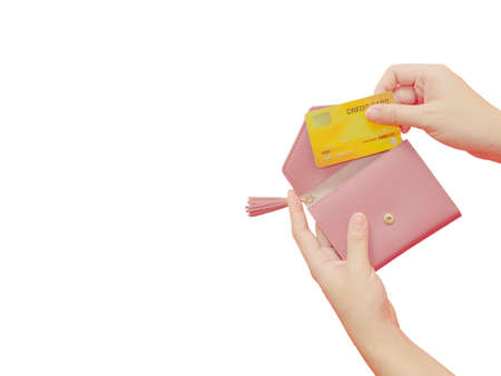 woman hand holding purse and use credit card for payment. isolated white background.