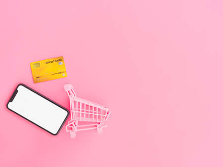 shopping and payment online concept from credit cards, shopping cart and blank smartphone on pink pastel color background.の写真素材