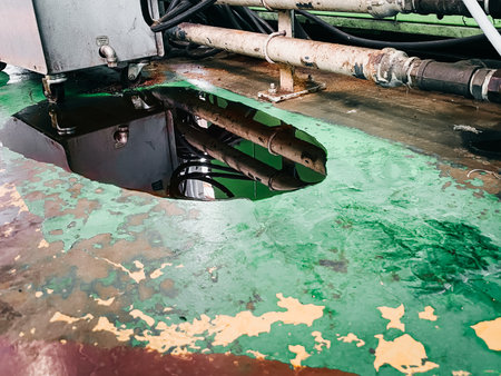 oil or water leak on concrete floor of working area.の写真素材