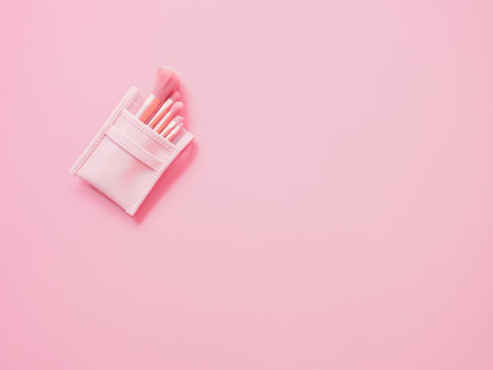 Beauty and makeup concept from blush brush set on pink backgroundの写真素材