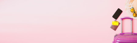 summer travel concept from credit card and suitcase with summer collection on pink background. web banner size.の写真素材