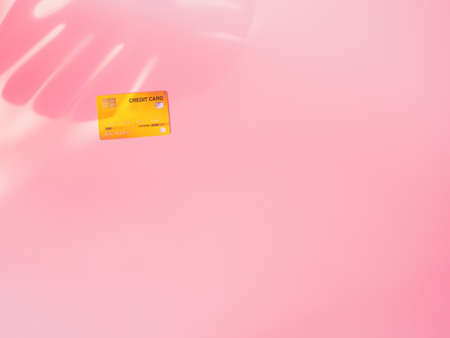 summer shopping and payment concept from credit card on pink background.