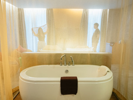 Silhouette of woman seducing man, Behind the mosquito net of hotel room. Quick sex concept after dating.の写真素材