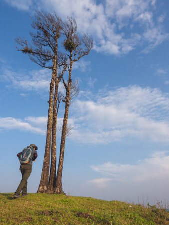 Man hiking with backpack resting under a big tree after a tiring trip.の写真素材