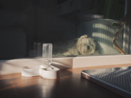 A fluffy and sleepy Shih Tzu dog is resting on the floor at home.の写真素材