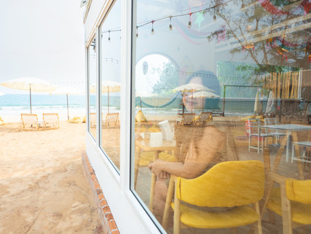 Cafe on the beach with sea and the blue sky on sunny day.