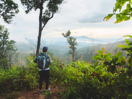 Hiker with backpack stands overlooking lush green valley shrouded in mist and clouds. Backpack has clear plastic water bottle in the side pocket.の写真素材