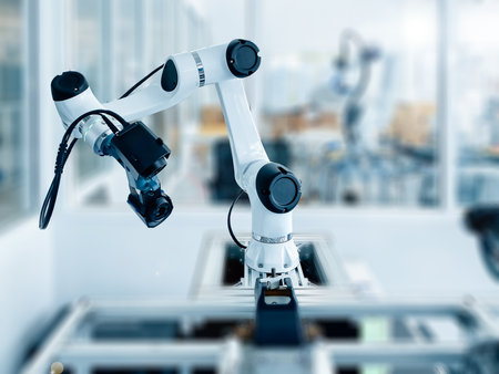 Robotic arm equipped with high-tech 3D scanner in an advanced manufacturing facility. Precision and...