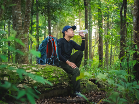 Solo hiker takes break to drink water while sitting on fallen tree in lush rainforest at Phu Soi Dao National Park, Thailand.の写真素材