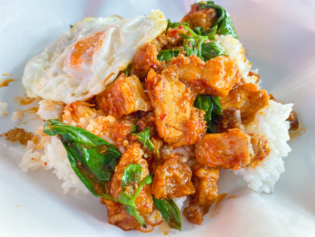 Popular Thai one-dish meal, stir-fried crispy pork with basil over rice, topped with a fried egg.の写真素材