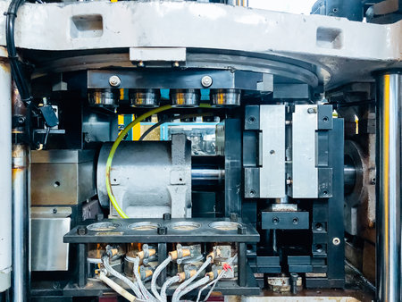 Blow molding machine producing clear plastic bottles on factory production line.