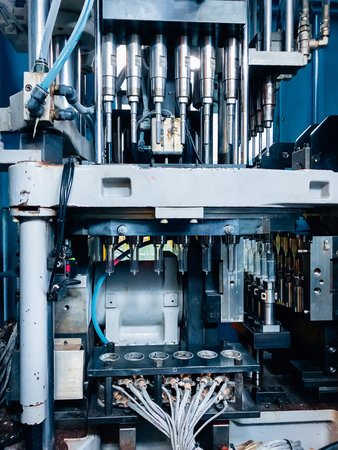 Blow molding machine producing clear plastic bottles on factory production line.
