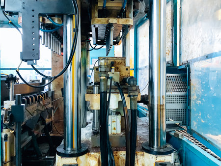 Blow molding machine producing clear plastic bottles on factory production line.の写真素材