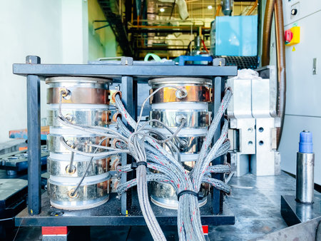 Close-up of metal mold components for injection and blow molding of bottles.