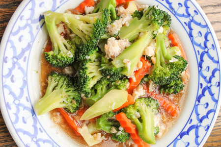 Thai food stir-fried broccoli with shrimp and crabの写真素材