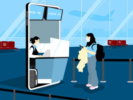 Passengers check in by phone to reduce congestion, keep their distance.のイラスト素材